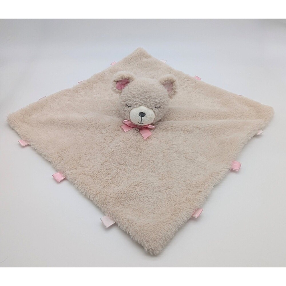 Kellytoy Tan Bear Pink Bow Lovey Security Blanket Plush Rattle Tags 14.5" Soft